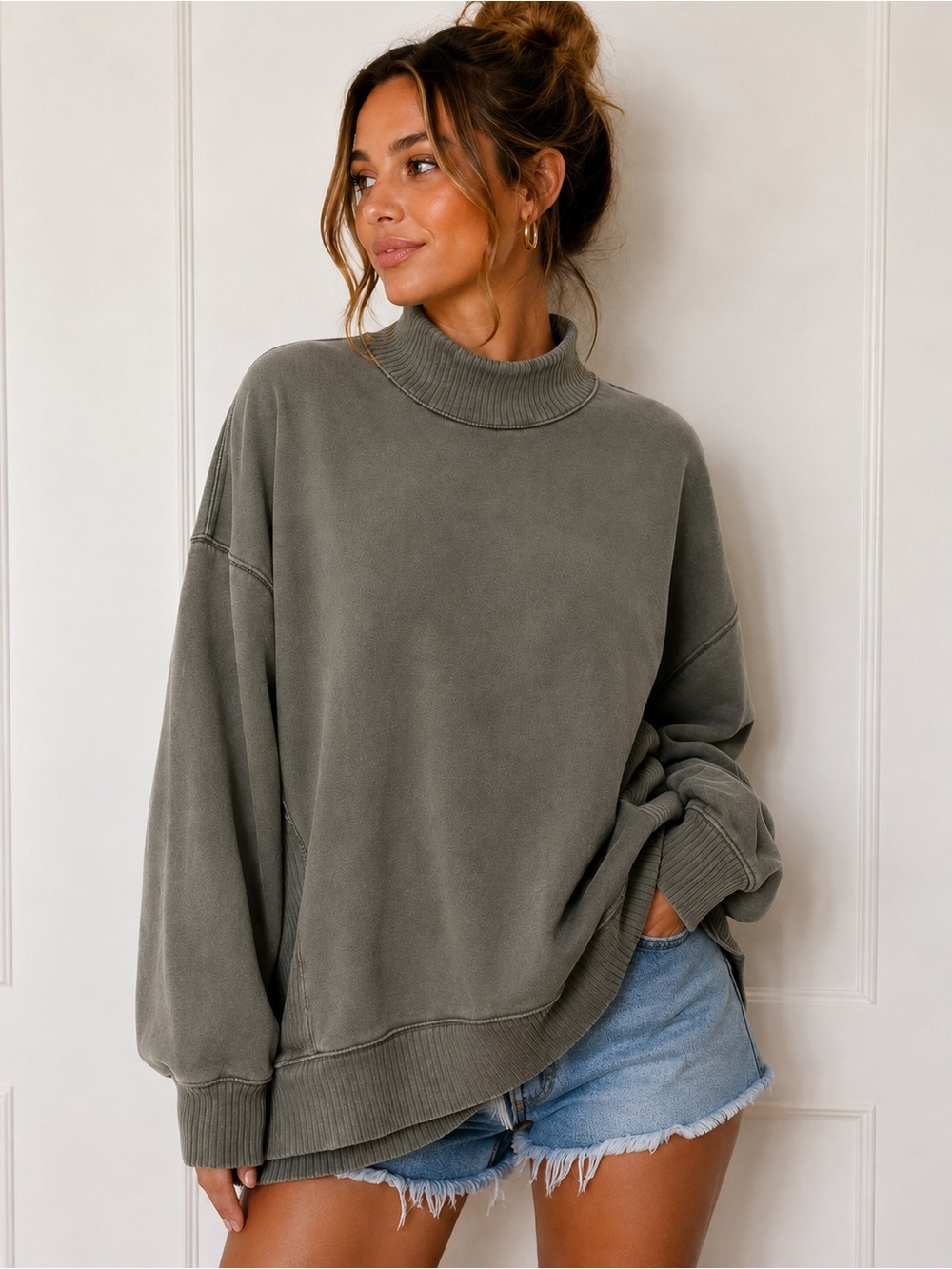 Aerie Oversized Turtleneck Sweatshirt XL Gray Olive High Low Pullover